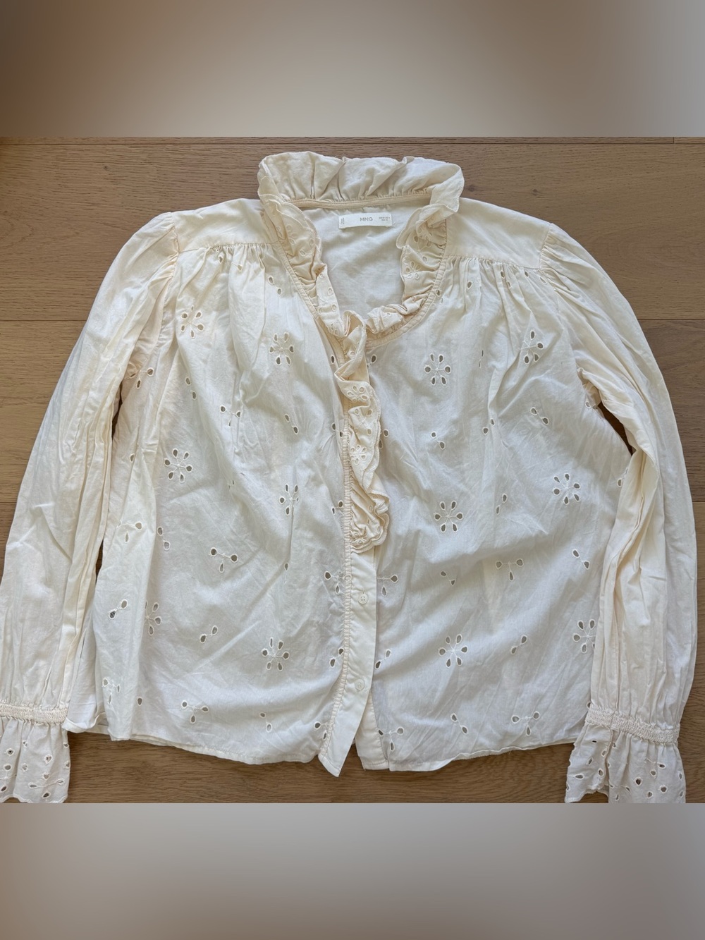 Mango Cream Eyelet Ruffle Front Blouse